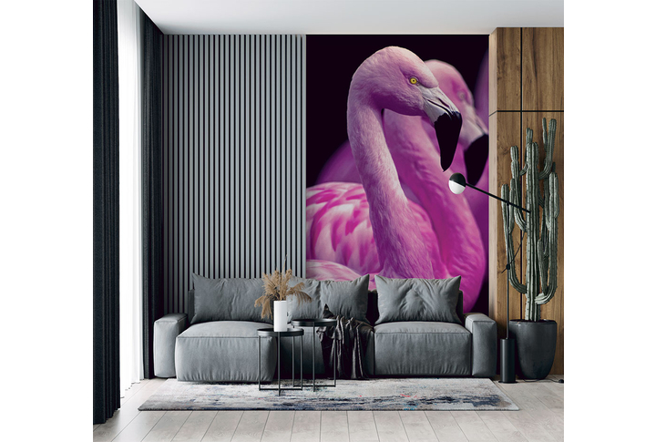 Фотообои «Розовые фламинго на темном фоне» в интерьере