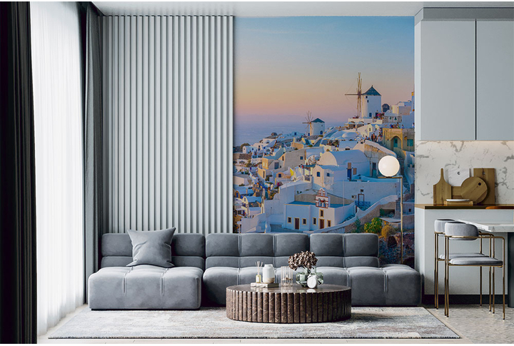 Фотообои «Старый город в Греции, Санторини в свете заката» в интерьере