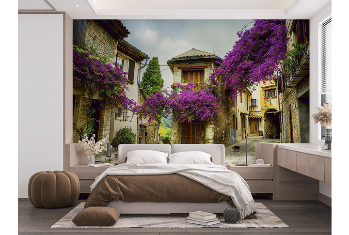 Фотообои «Улочка Прованса, просторный дворик в цветах» в интерьере