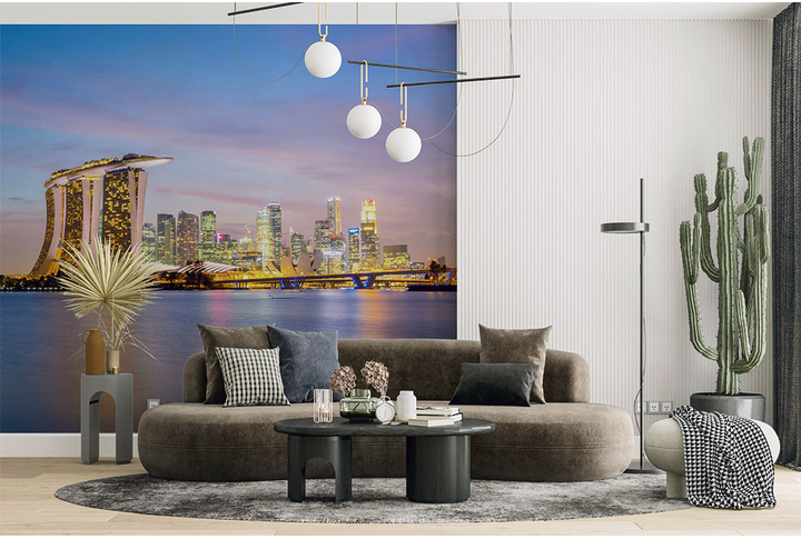 Фотообои «Ночной город Сингапур в нежных тонах» в интерьере