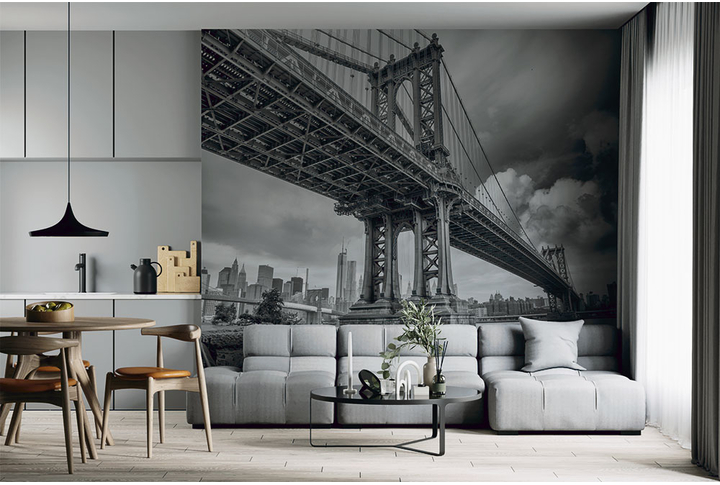 Фотообои «Чёрно-белый город Нью-Йорк, Манхэттенский мост» в интерьере