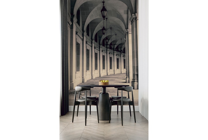 Фотообои «Арочный коридор с фонарями под сепию» в интерьере