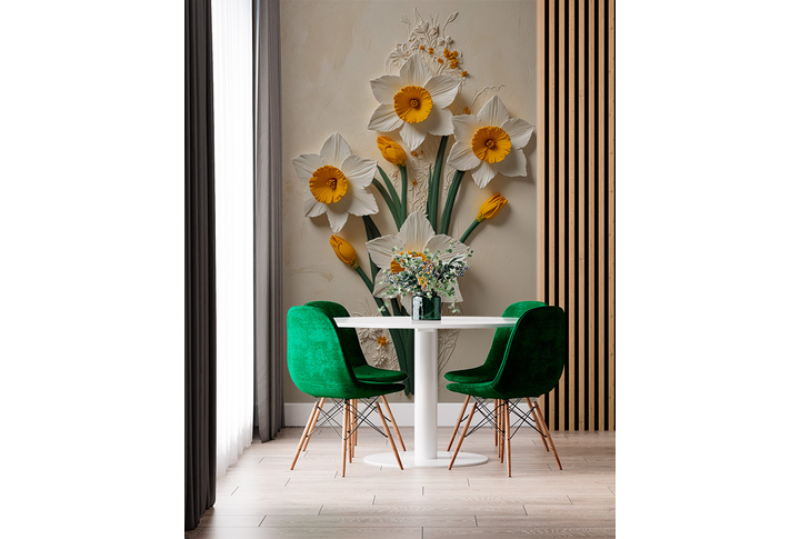 Фотообои «Цветы нарциссов на штукатурке» в интерьере