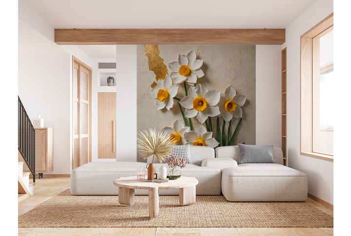 Фотообои «Нарциссы под лепнину» в интерьере