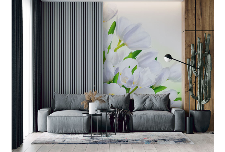 Фотообои «Тюльпаны, белые цветы» в интерьере