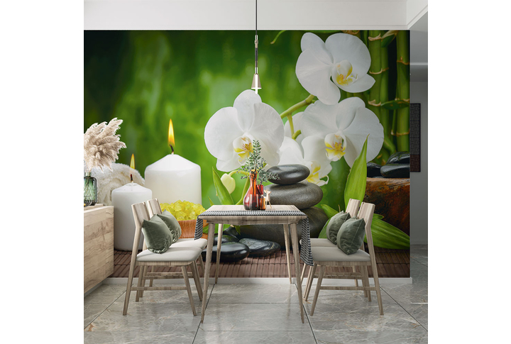 Фотообои «Белая орхидея, камни и свечи» в интерьере