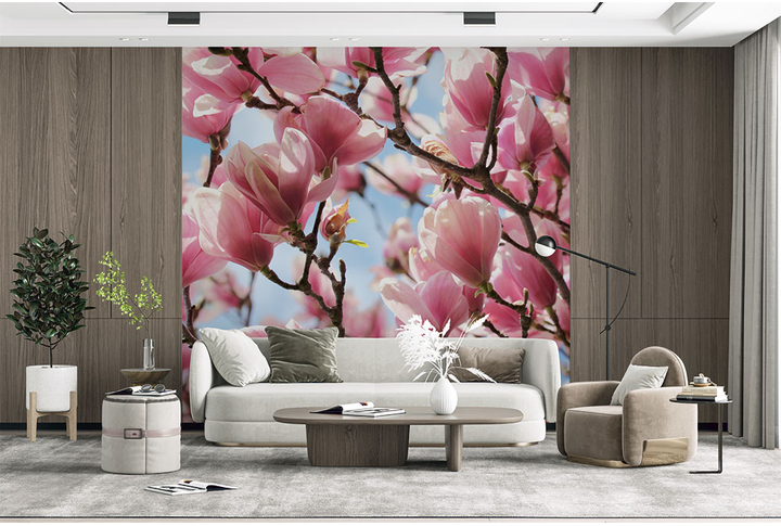 Фотообои «Розовая магнолия в цвету» в интерьере