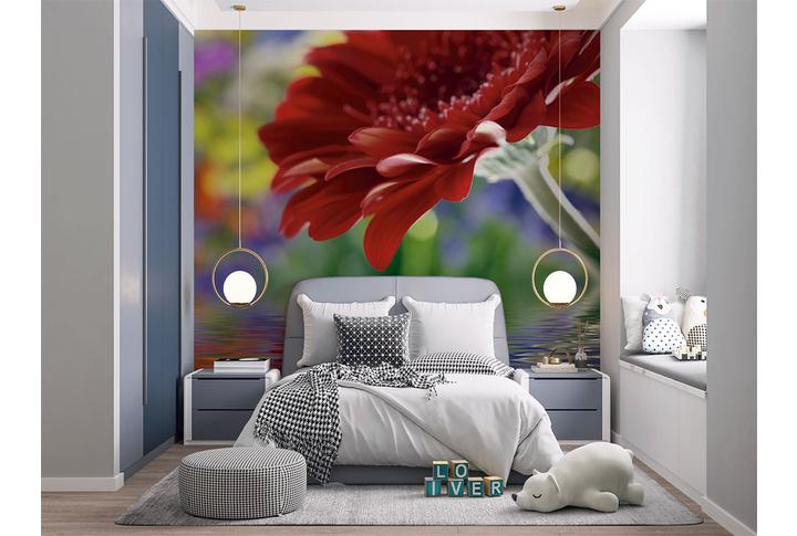 Фотообои «Лепестки герберы над водой» в интерьере