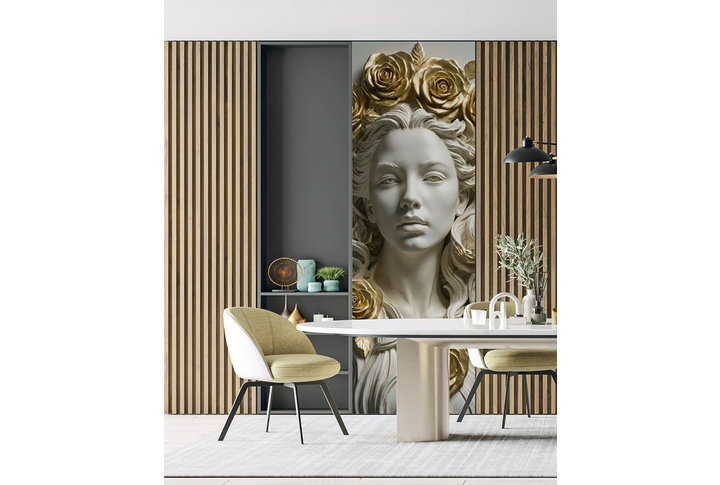 Фотообои «Каменная девушка и золотые розы под барельеф» в интерьере