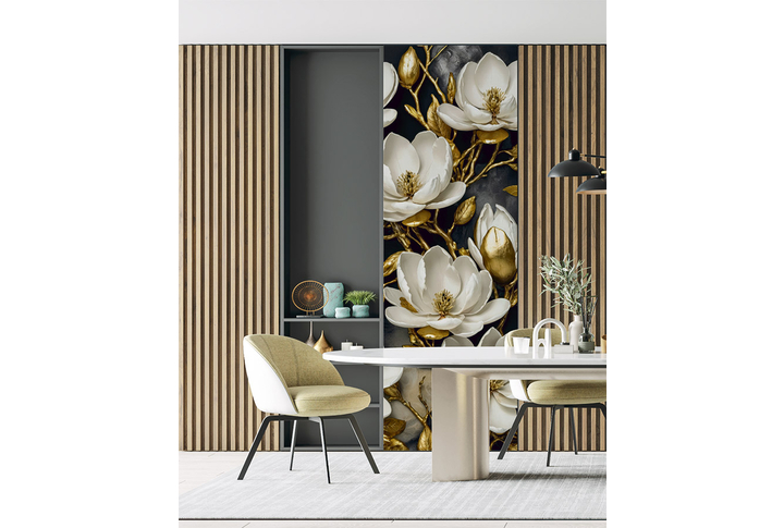 Фотообои «Большие цветы магнолии на золотых ветках» в интерьере