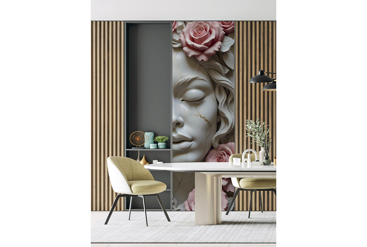 Фотообои «Мраморная дева и розы под барельеф» в интерьере