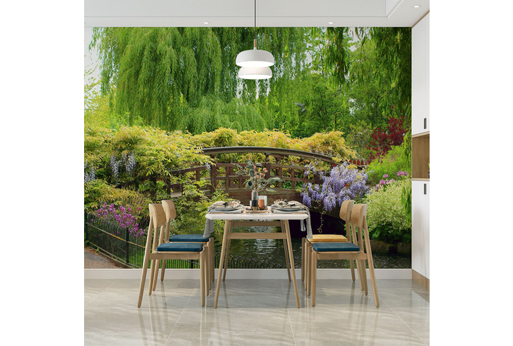 Фотообои «Старинный мостик через реку в летнем саду» в интерьере