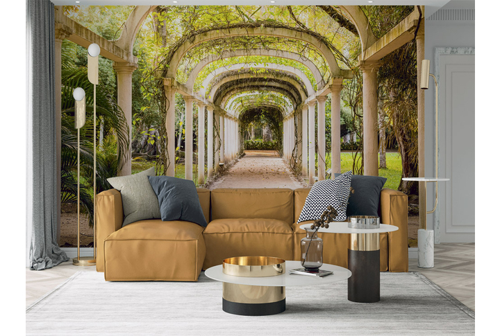 Фотообои «Зеленая терраса с колоннами, осенний сад» в интерьере