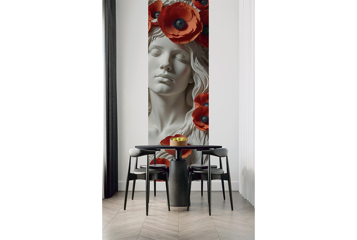Фотообои «Лепнина 3Д с девушкой и красными маками» в интерьере