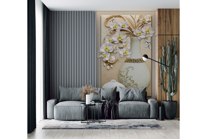 Фотообои «Барельеф с белыми орхидеями в вазе» в интерьере