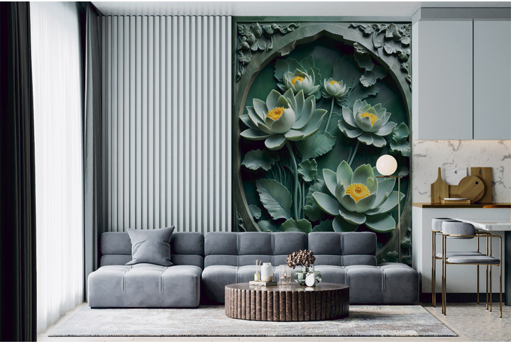 Фотообои «Барельеф с лотосами на листьях» в интерьере