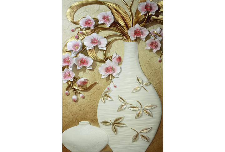 Фотообои «Барельеф ваза с орхидеями под лепнину»