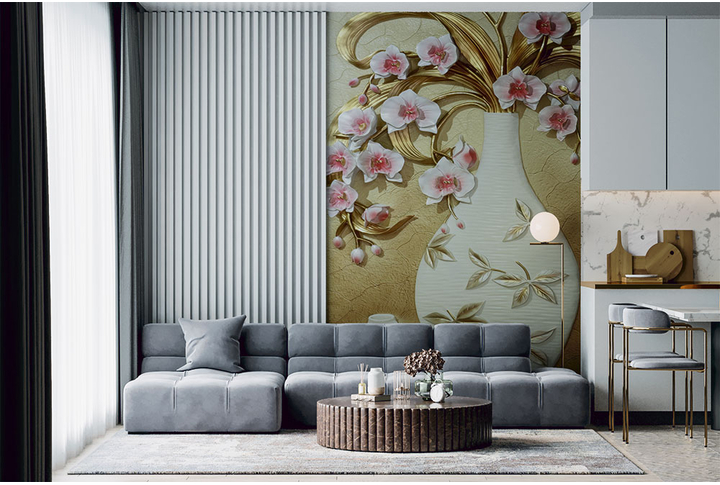 Фотообои «Барельеф ваза с орхидеями под лепнину» в интерьере