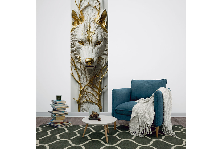 Фотообои «Волк с золотыми глазами под лепнину 3Д» в интерьере