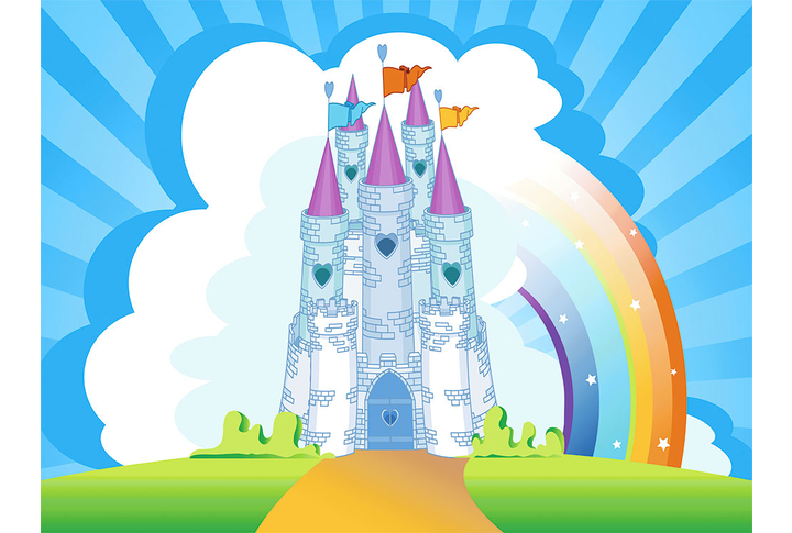Фотообои «Яркий замок из сказки с радугой для детской комнаты»