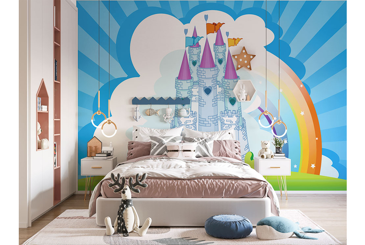 Фотообои «Яркий замок из сказки с радугой для детской комнаты» в интерьере
