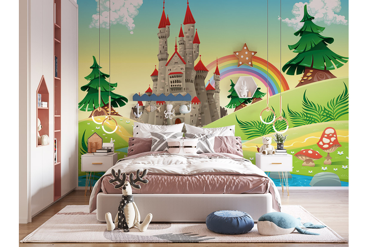Фотообои «Замок в мяльтяшном лесу в стиле детского рисунка» в интерьере