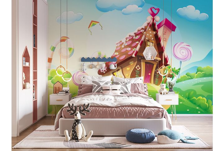 Фотообои «Красочная композиция с карамельным домиком для детской» в интерьере