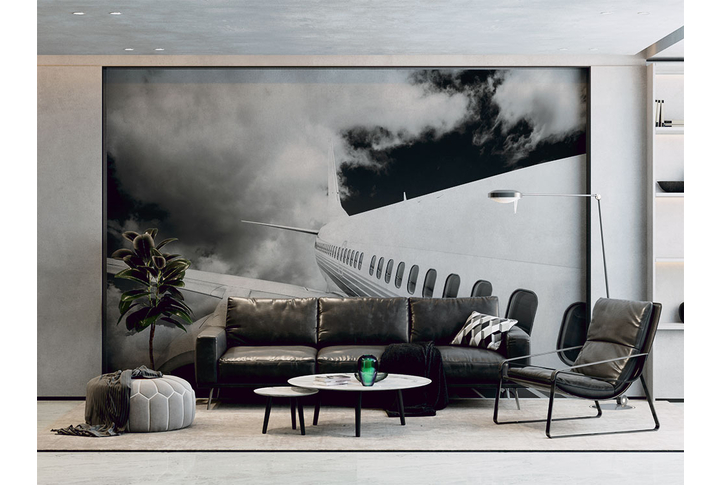 Фотообои «Самолет в черно-белых облаках» в интерьере