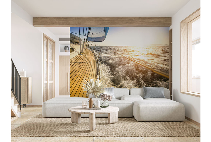 Фотообои «Море и парусная яхта на закате» в интерьере