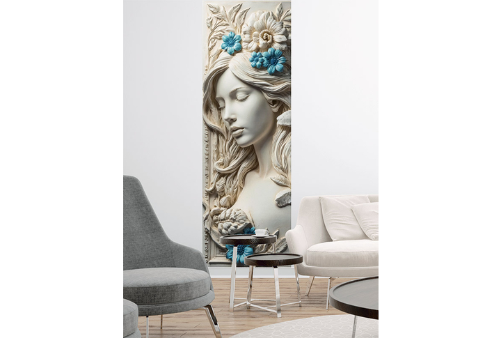 Фотообои «Девушка и бирюзовые цветы, барельеф» в интерьере
