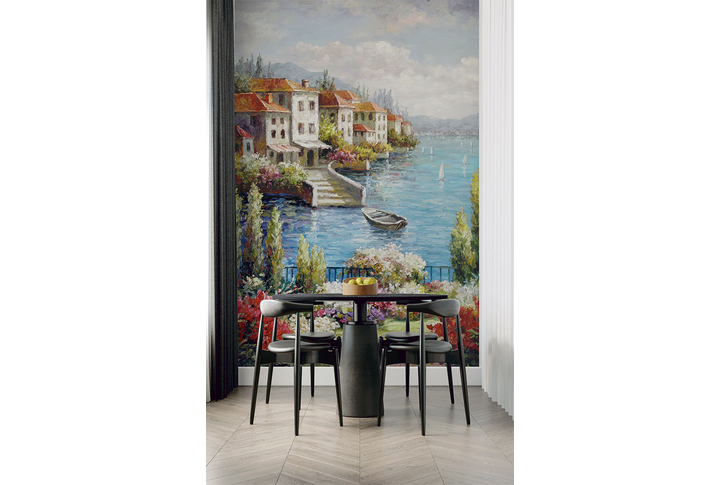 Фотообои «Цветущий сад на террасе старого города» в интерьере