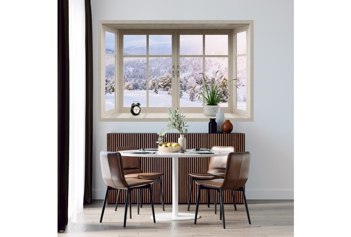 Фотообои «Окно с видом на зимний лес в горах» в интерьере