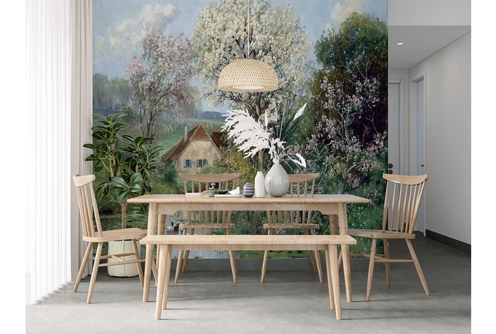 Фотообои «Деревенская природа, домик у реки в цветущем саду» в интерьере