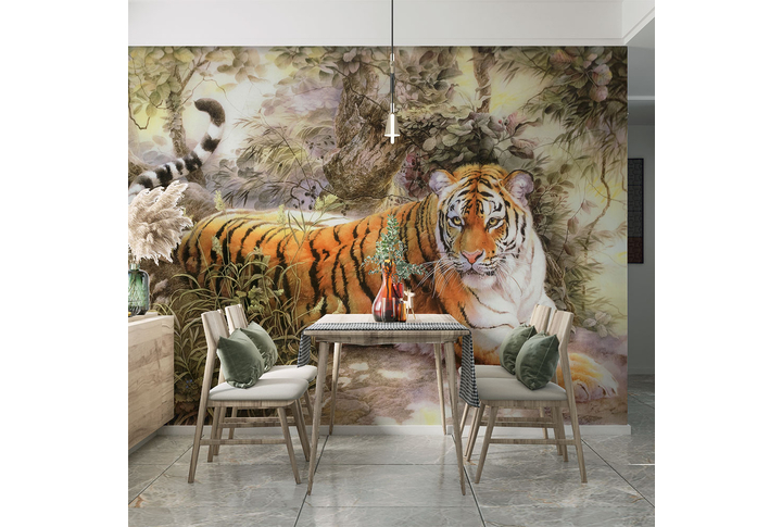 Фотообои «Тигр на траве в китайском стиле» в интерьере