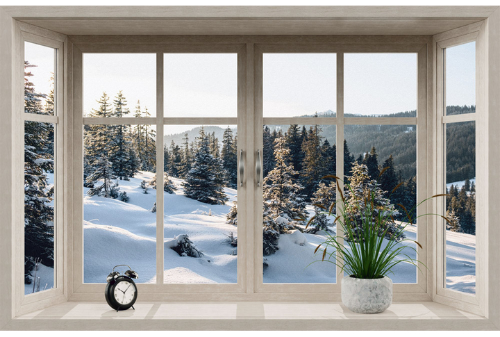 Фотообои «Окно с видом на зимние ели в горах»