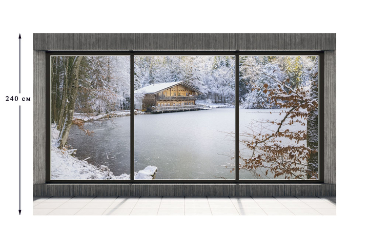 Фотообои «Большое окно на зимнее озеро в лесу»