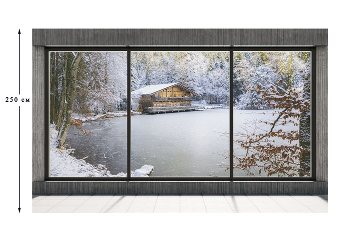Фотообои «Большое окно на зимнее озеро в лесу» в интерьере