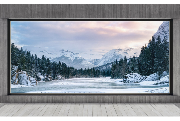 Фотообои «Окно на террасе у зимнего леса в горах»