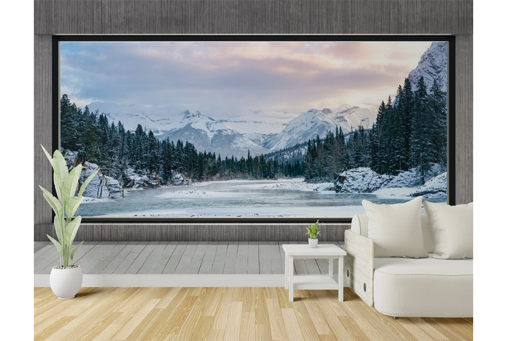 Фотообои «Окно на террасе у зимнего леса в горах» в интерьере