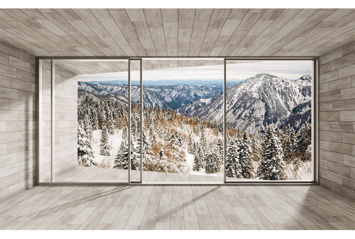 Фотообои «Вид из окна на зимнюю природу в горах»