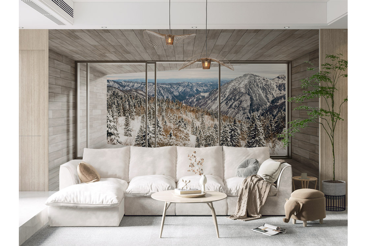 Фотообои «Вид из окна на зимнюю природу в горах» в интерьере