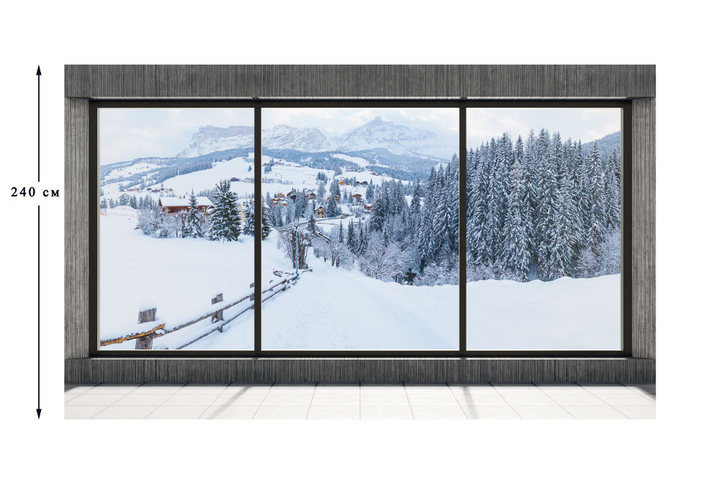 Фотообои «Панорамное окно на террасе с видом на зимний лес»