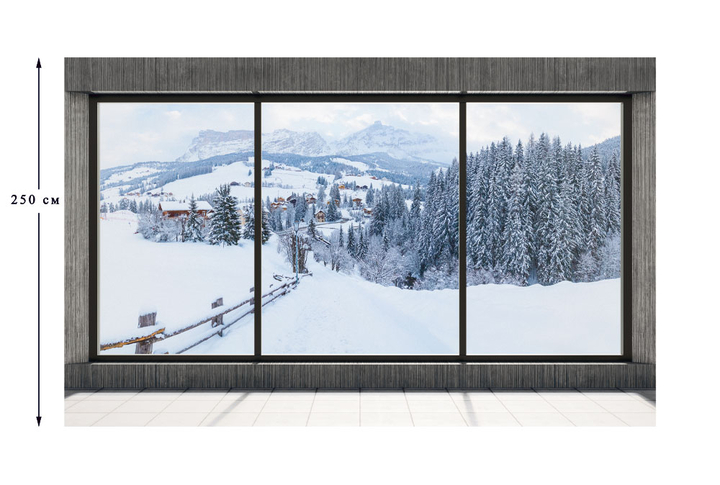 Фотообои «Панорамное окно на террасе с видом на зимний лес» в интерьере
