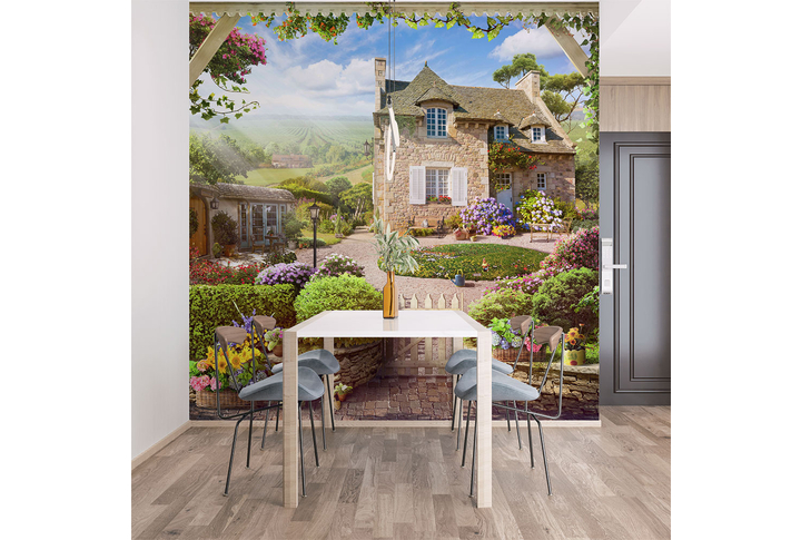 Фотообои «Деревенский стиль цветущего сада» в интерьере