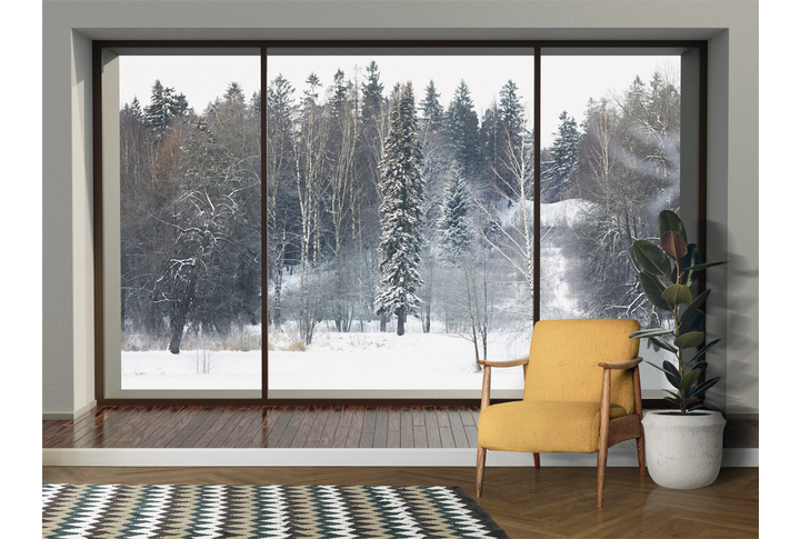 Фотообои «Большое окно на зимнюю природу» в интерьере