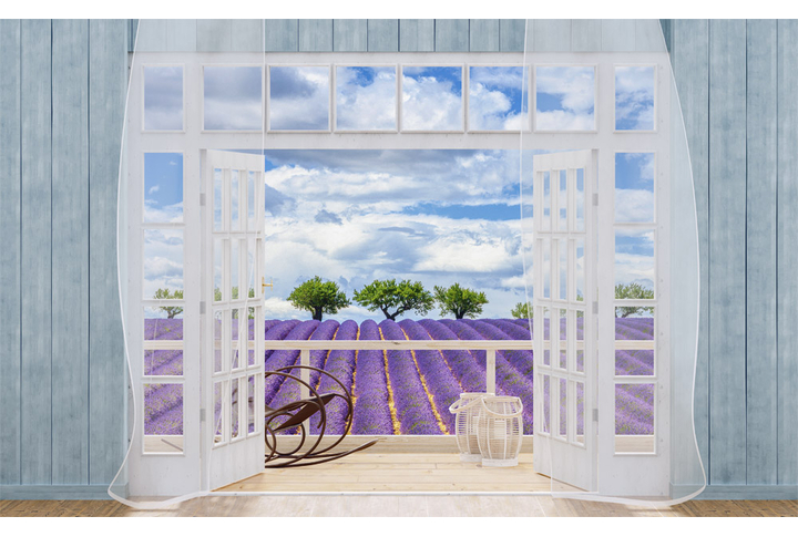 Фотообои «Окно на веранде с видом на лавандовые поля»