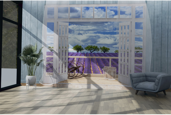 Фотообои «Окно на веранде с видом на лавандовые поля» в интерьере