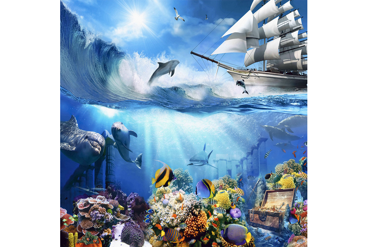 Фотообои «Подводный мир, обитатели моря, сокровища и белый парусный корабль на волнах»