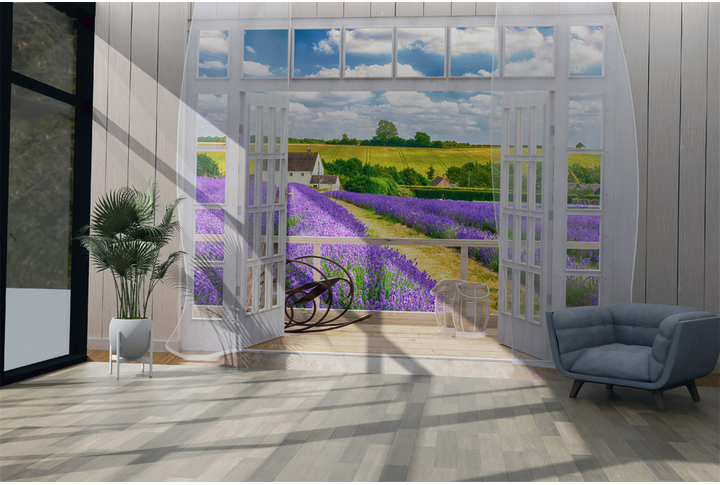 Фотообои «Терраса с окном на лавандовые поля Прованса» в интерьере