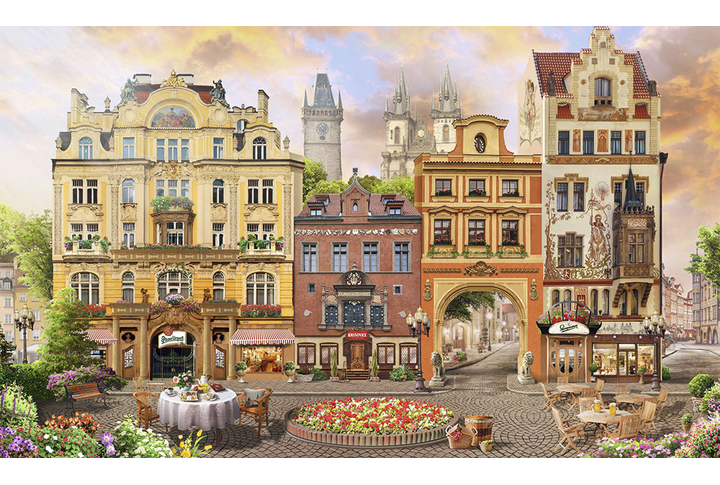 Фотообои «Панорамный вид на улицу старого города с кафе и аркой»